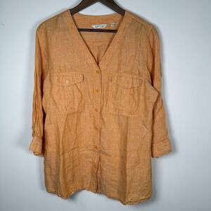 Orvis Women's Button Down Shirt Orange 3/4 Sleeve Linen Large Casual